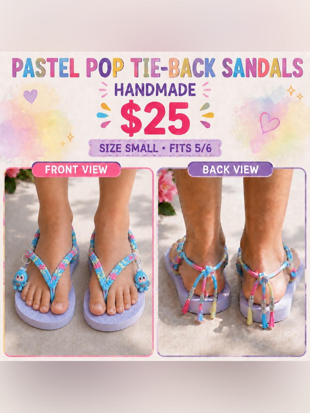 🩷. S-43.  Pastel Tie-Back Kids Sandals - Lavender & Multicolor Braided Straps